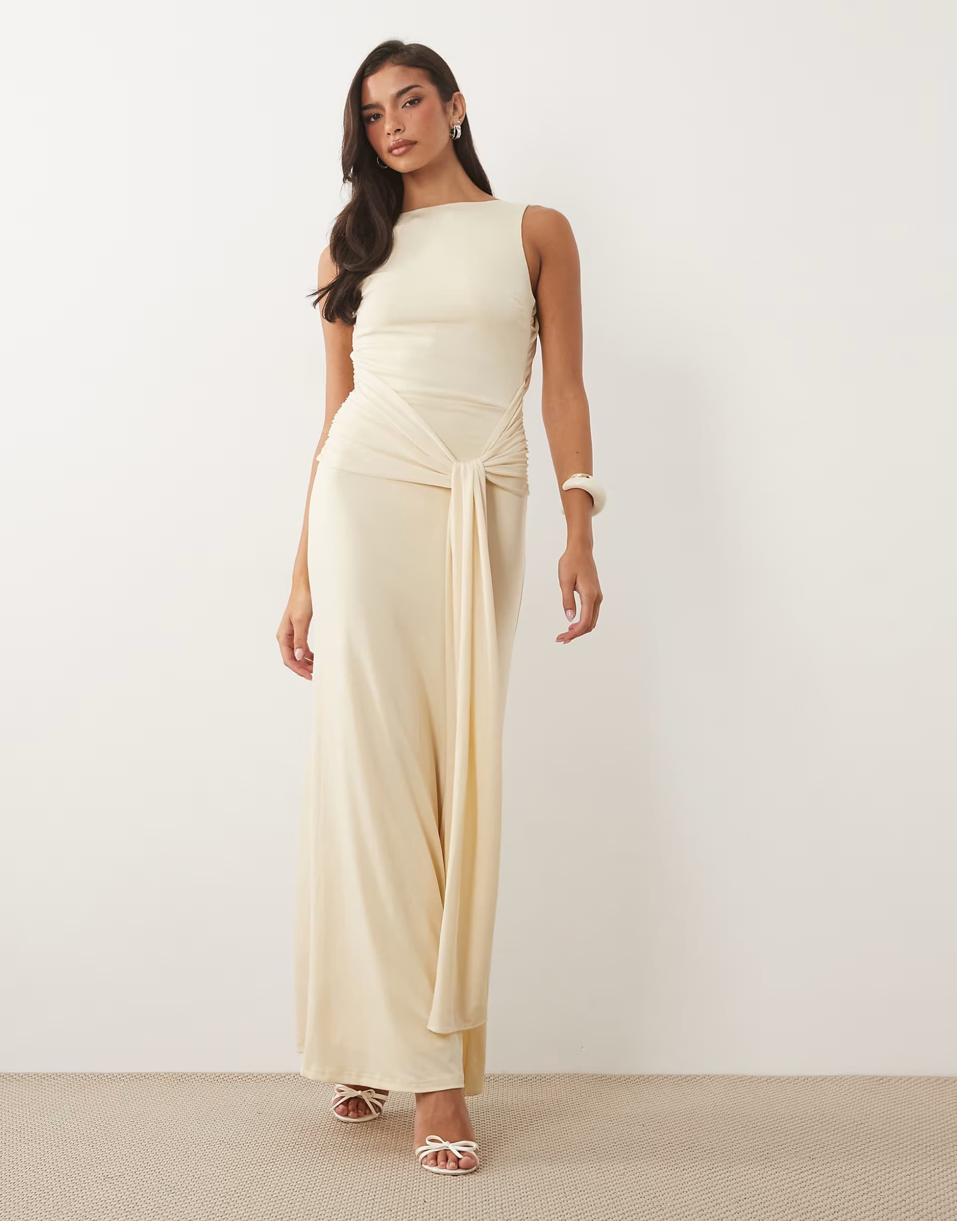 ASOS TFNC slinky slash neck open back tie detail maxi dress in cream