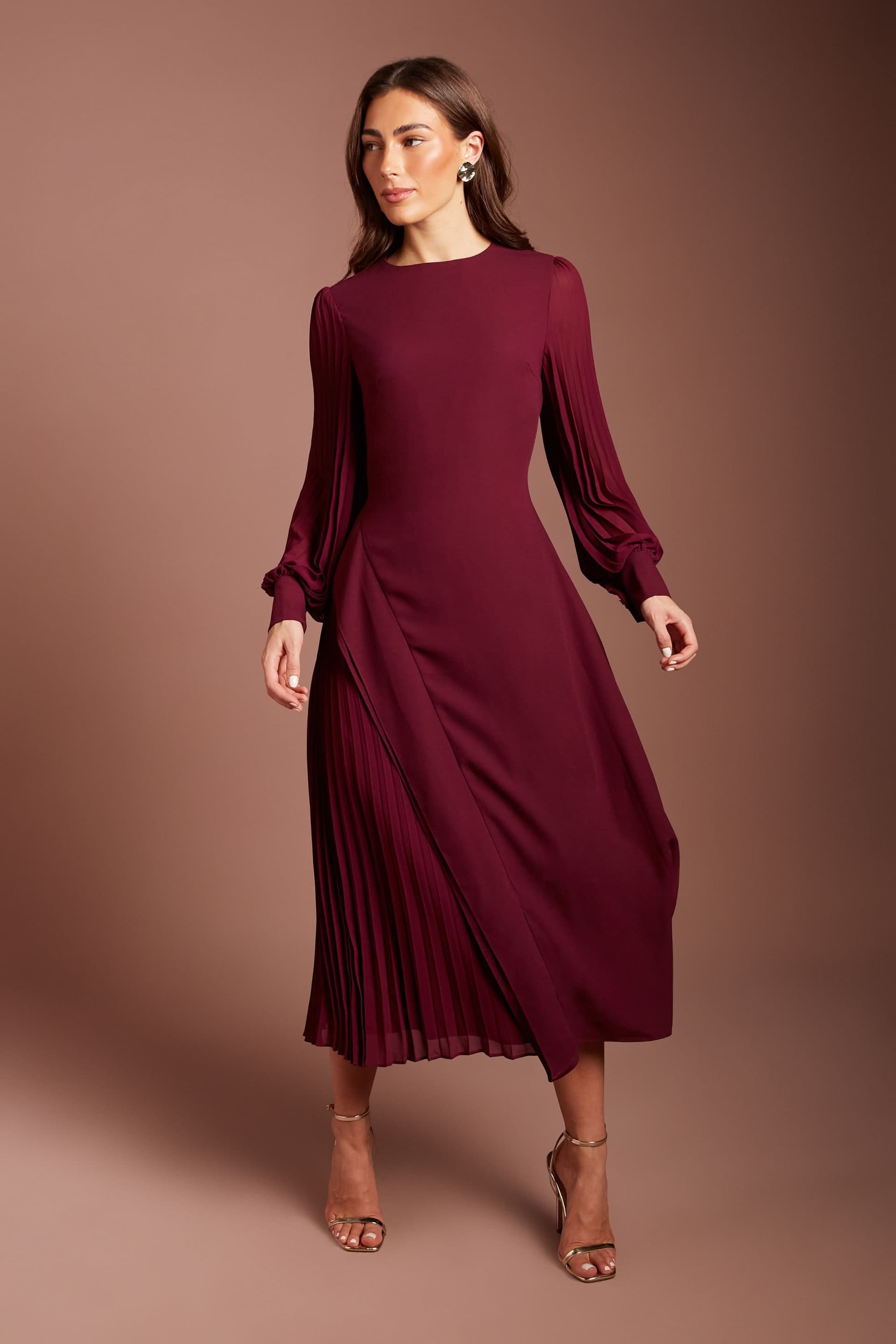 Coast Coast Women's Long Sleeve Pleated Crepe Midaxi Dress in Fig