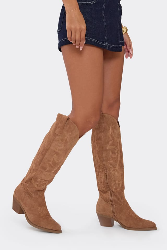 EGO EGO Women's Knee High Embroidered Faux Suede Block Heel Boots in Brown - 2