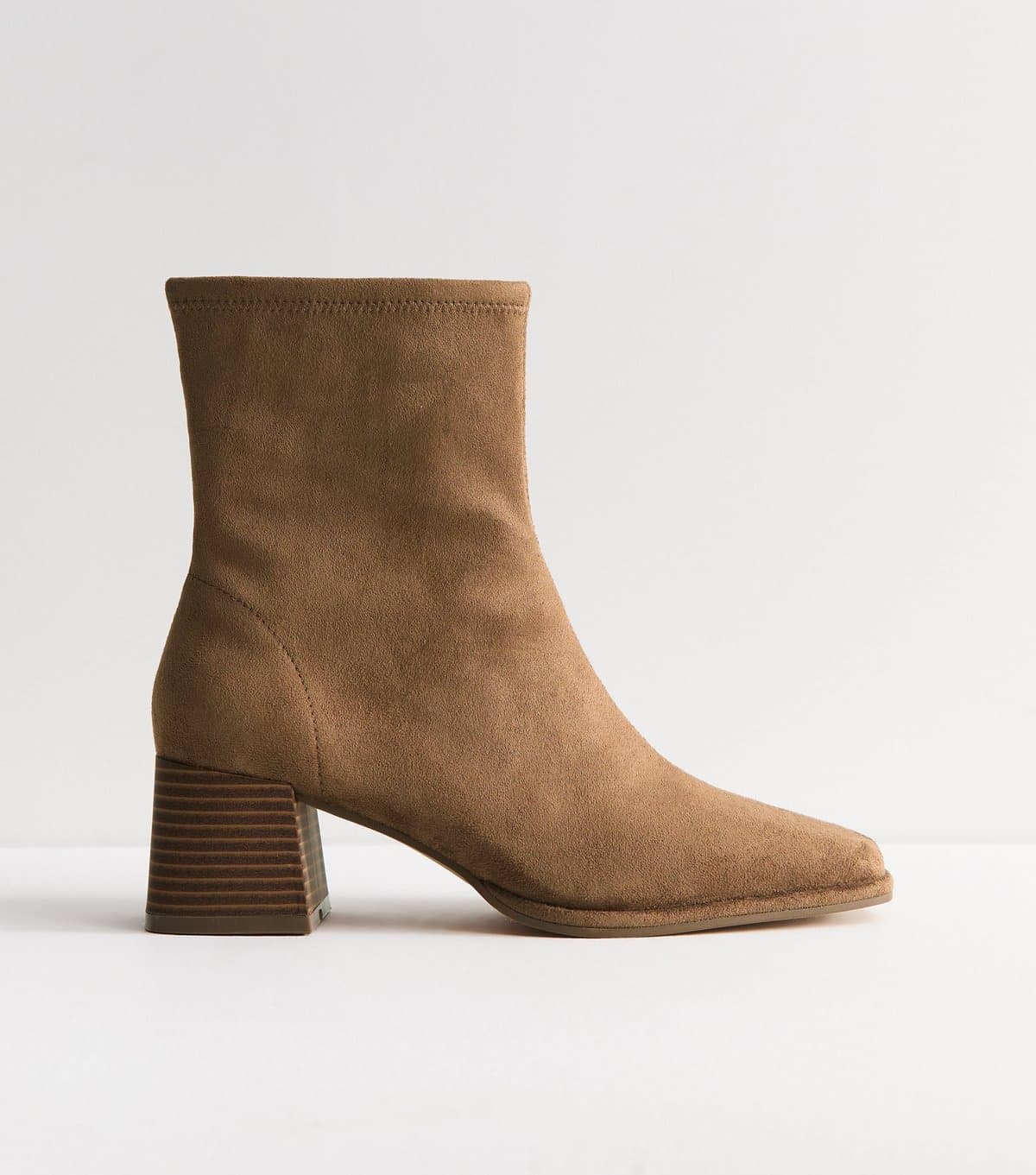 New Look Women's Camel Faux Suede Stacked Heel Ankle Boots Vegan New Look