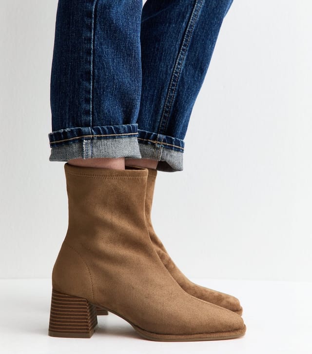 New Look Women's Camel Faux Suede Stacked Heel Ankle Boots Vegan New Look - 2