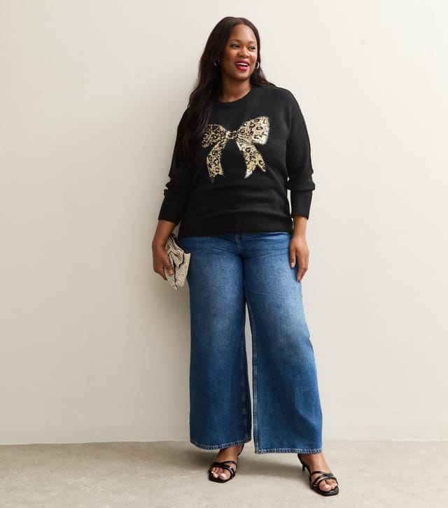 New Look Women's Plus Size Black Sequin Leopard Bow Embellished Jumper Curves New Look - 3