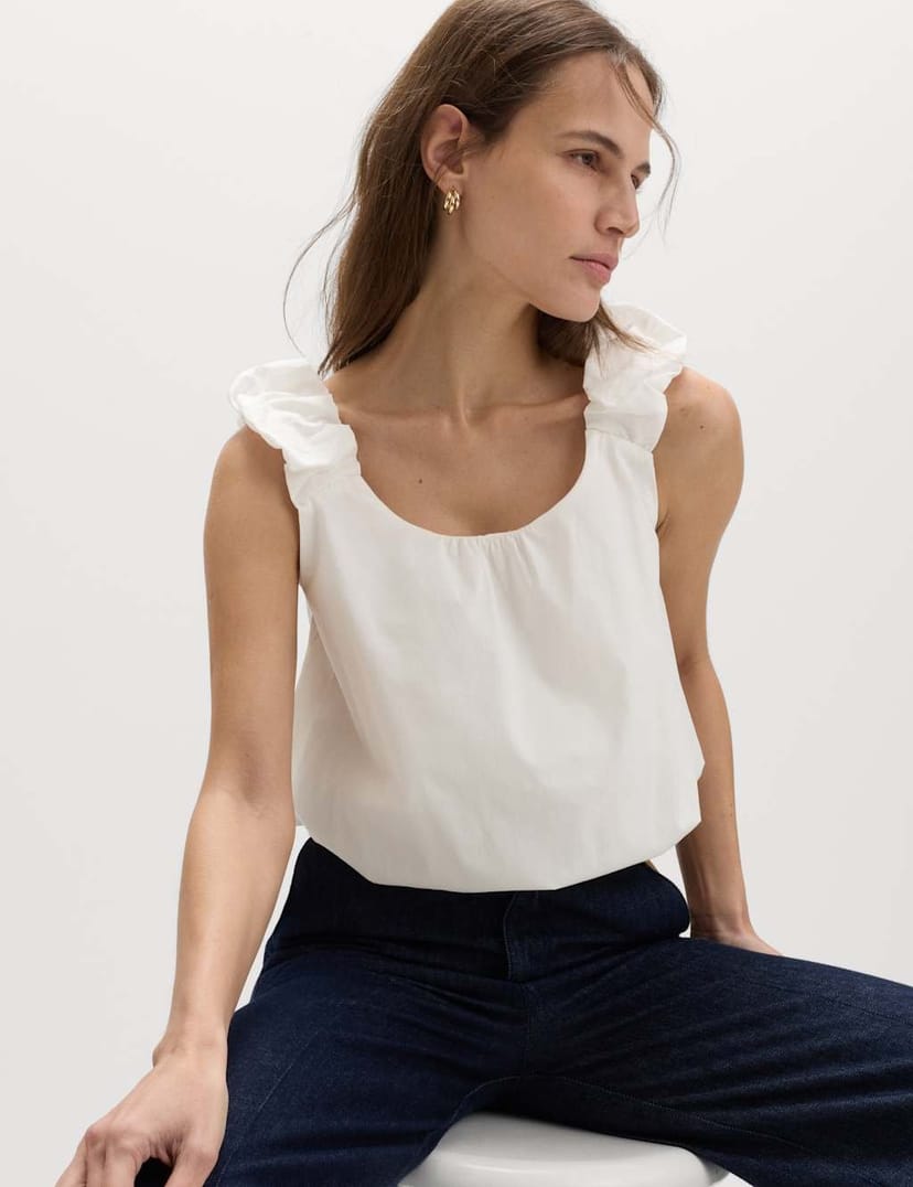 Marks & Spencer M&S Pure Cotton Bubble Hem Puff Strap Top Soft White - 1