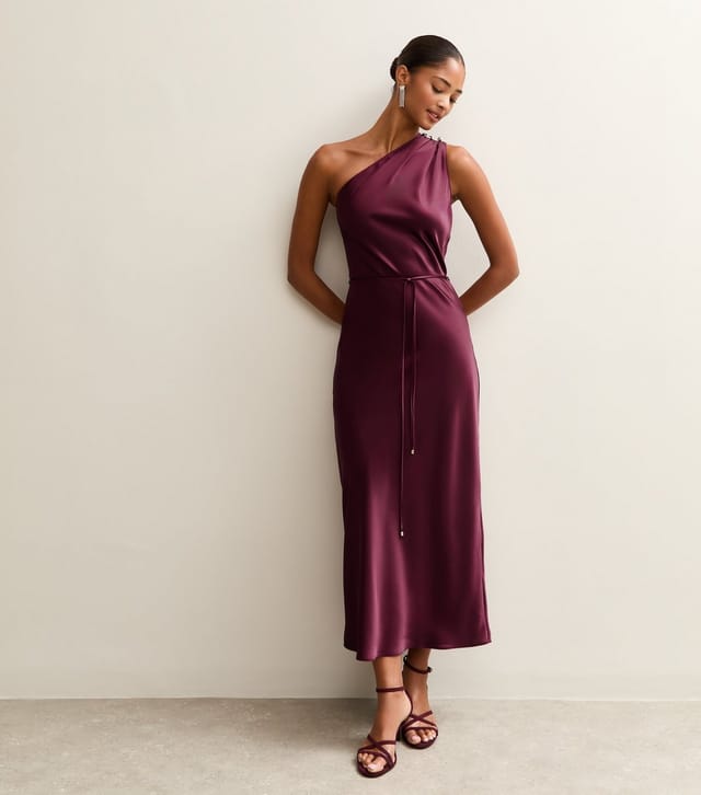 New Look Women's Dark Burgundy Satin One Shoulder Tie Waist Midi Dress New Look - 2