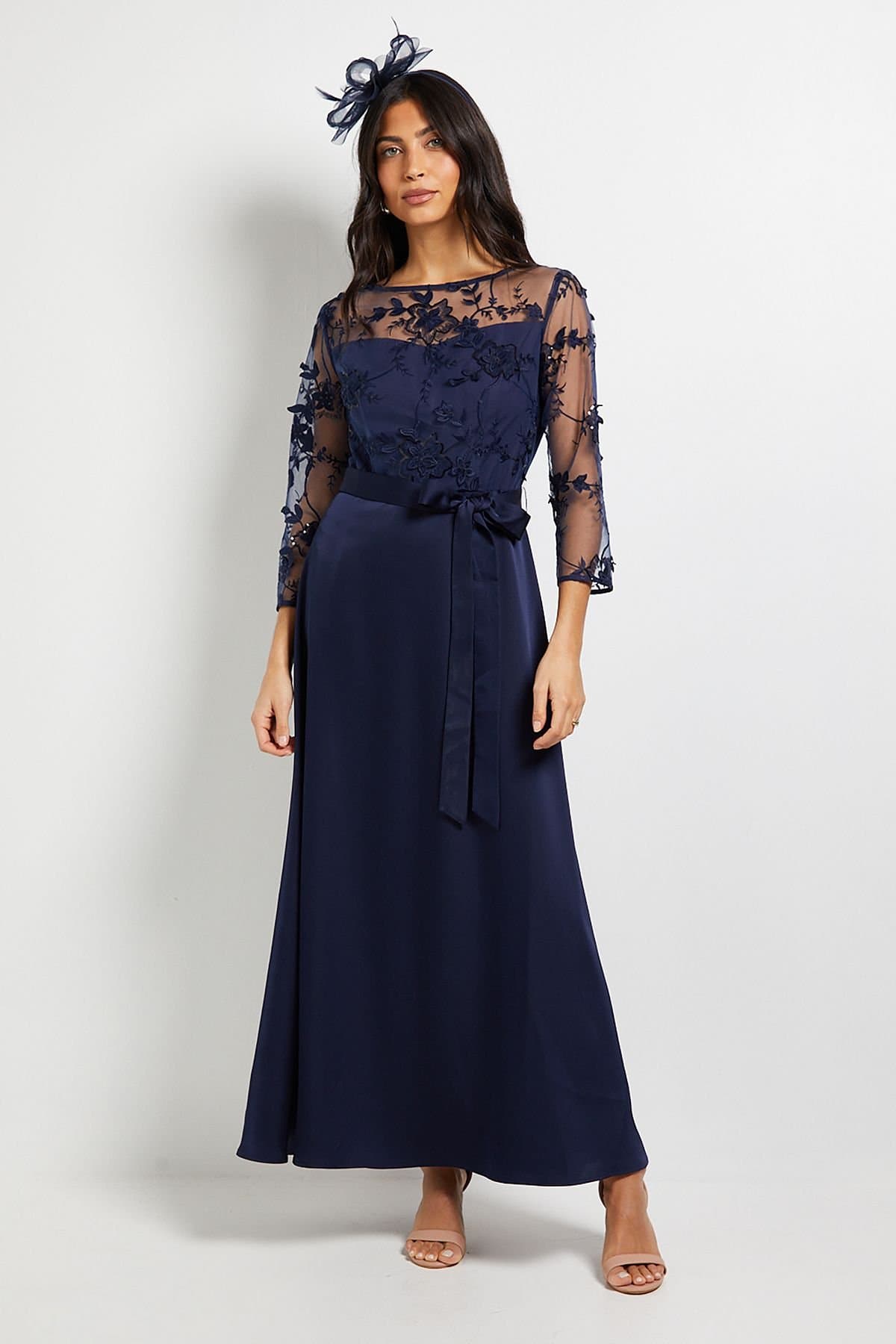 Wallis Wallis Women's Occasion Satin & Mesh Overlay Maxi Dress in Navy