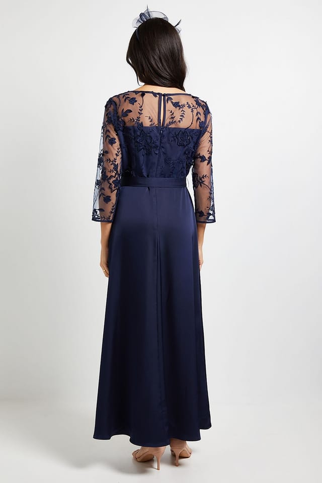 Wallis Wallis Women's Occasion Satin & Mesh Overlay Maxi Dress in Navy - 3