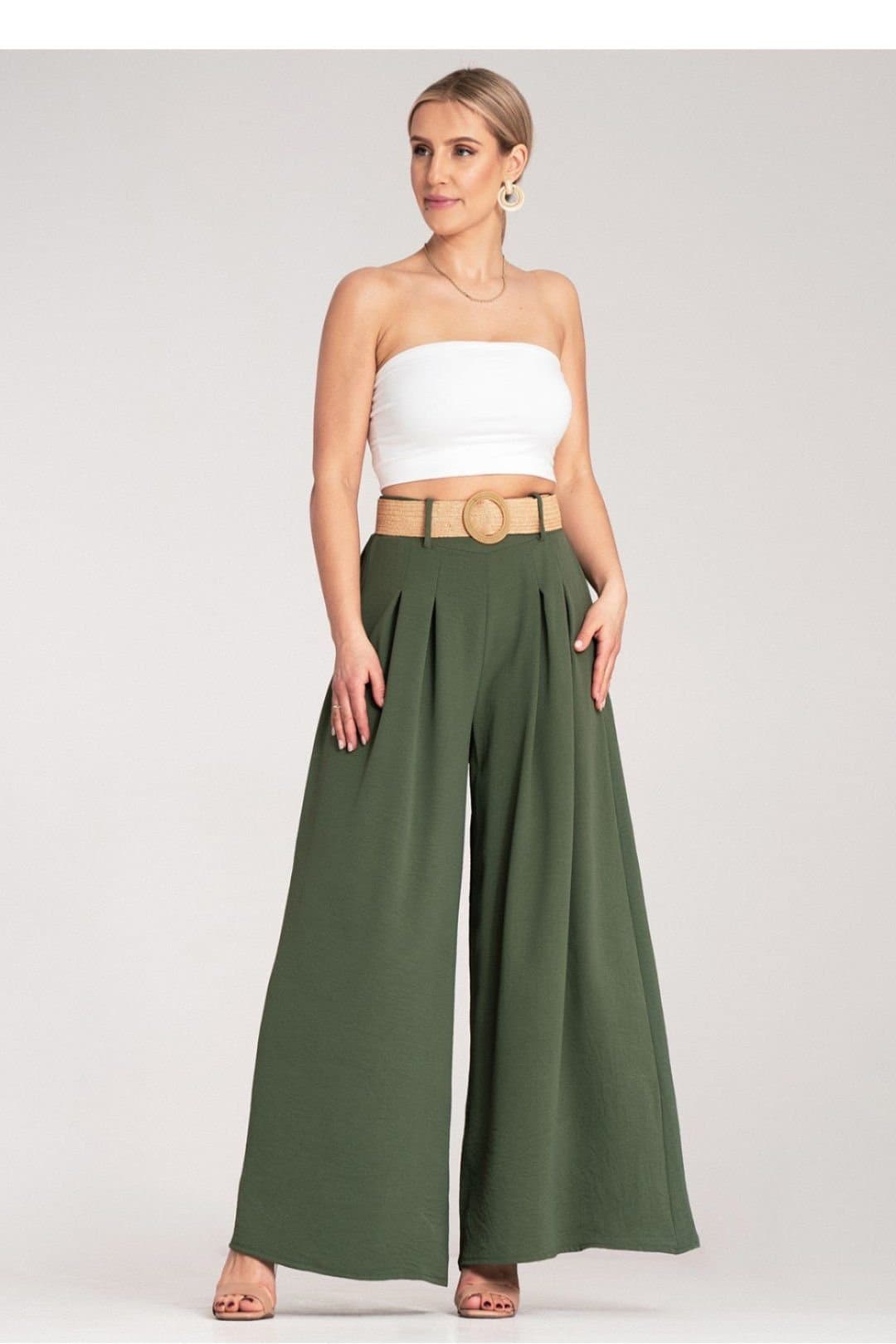 Love Lace Love Lace Women's High Waist Wide Trousers with Woven Belt in Green
