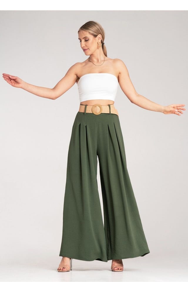 Love Lace Love Lace Women's High Waist Wide Trousers with Woven Belt in Green - 2