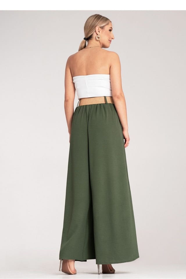 Love Lace Love Lace Women's High Waist Wide Trousers with Woven Belt in Green - 3