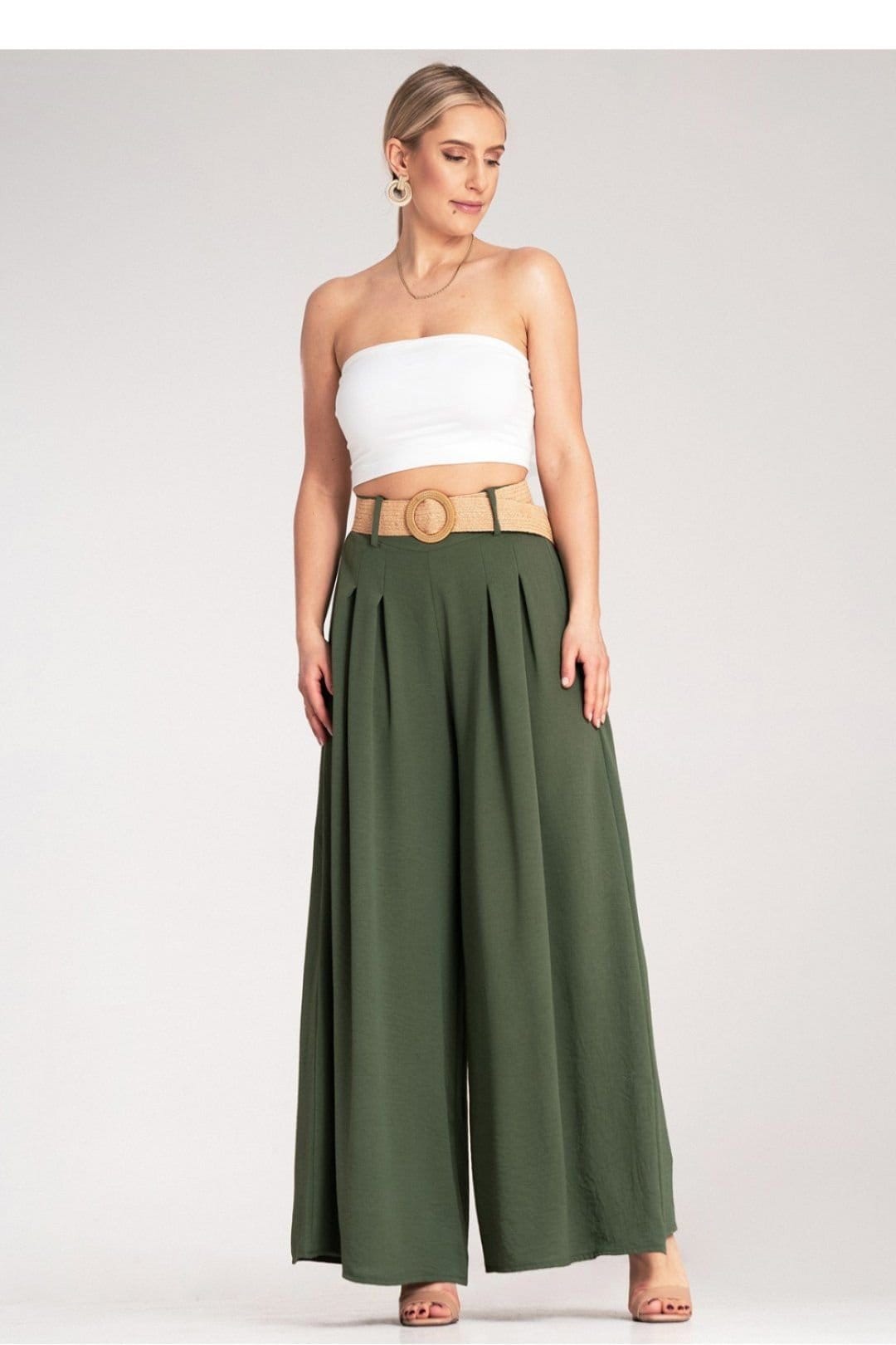 Love Lace Love Lace Women's High Waist Wide Trousers with Woven Belt in Green - 4