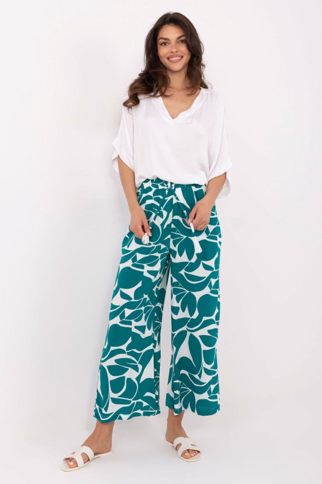 Love Lace Love Lace Green Viscose High Waisted Wide Leg Trousers