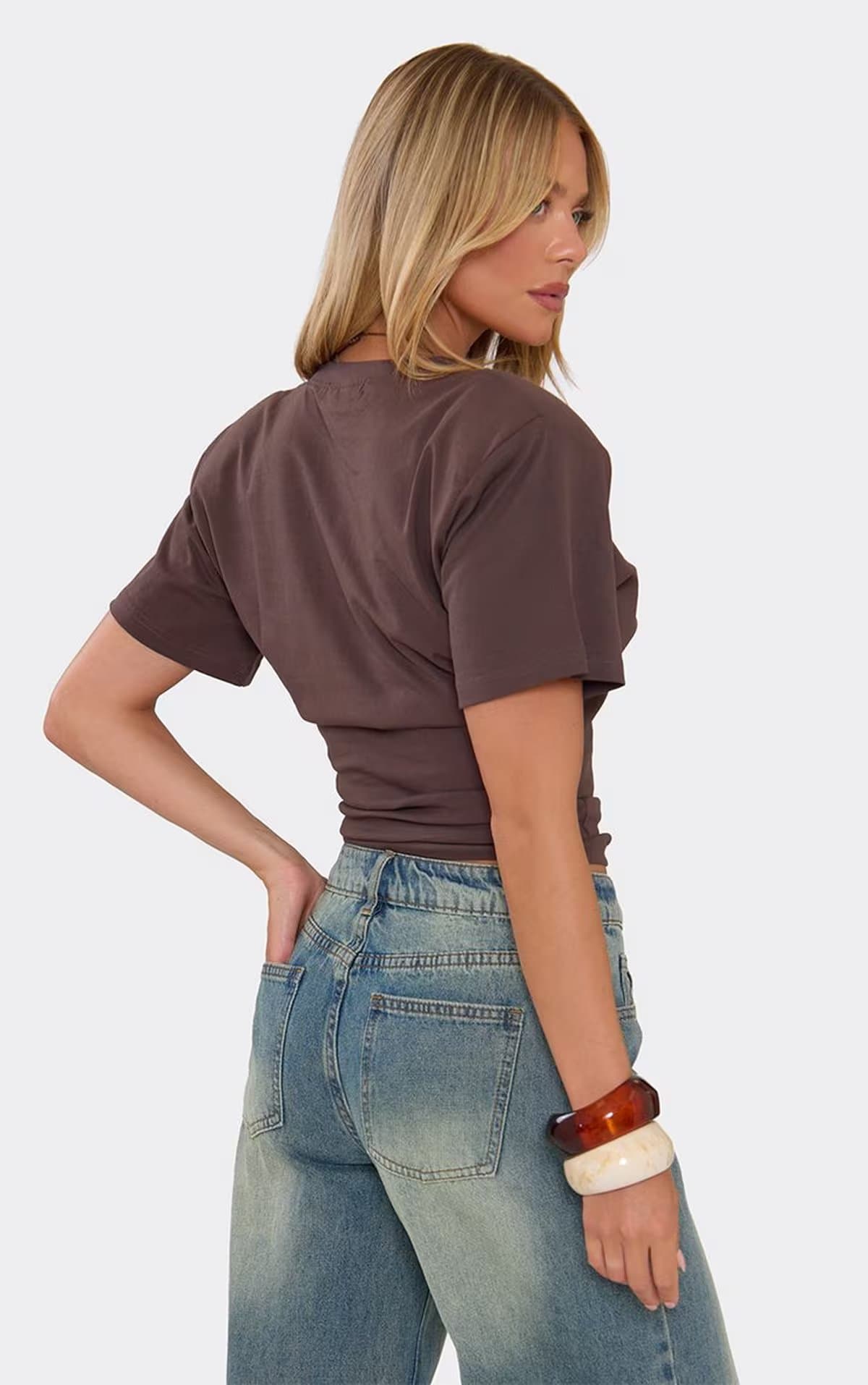 EGO Short Sleeve Shoulder Pad Cinched Waist Detail Fitted T-Shirt In Chocolate Brown, Women's Size UK 6