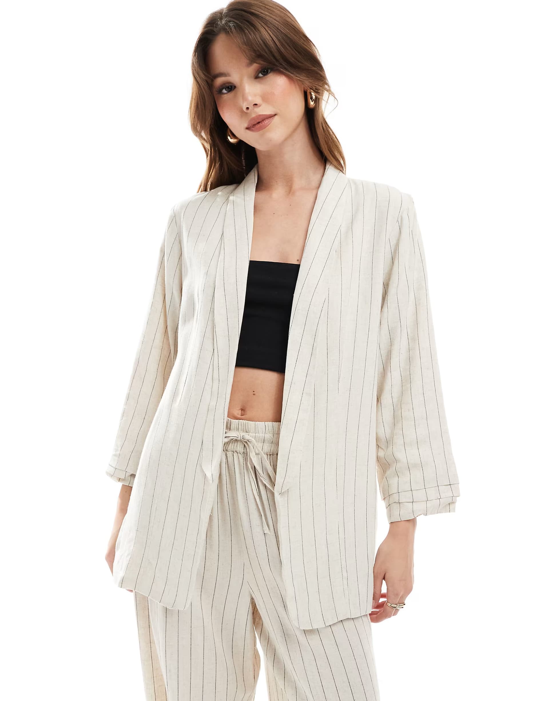 ASOS Pieces mix & match linen touch ruched sleeve blazer in birch cream and black stripe