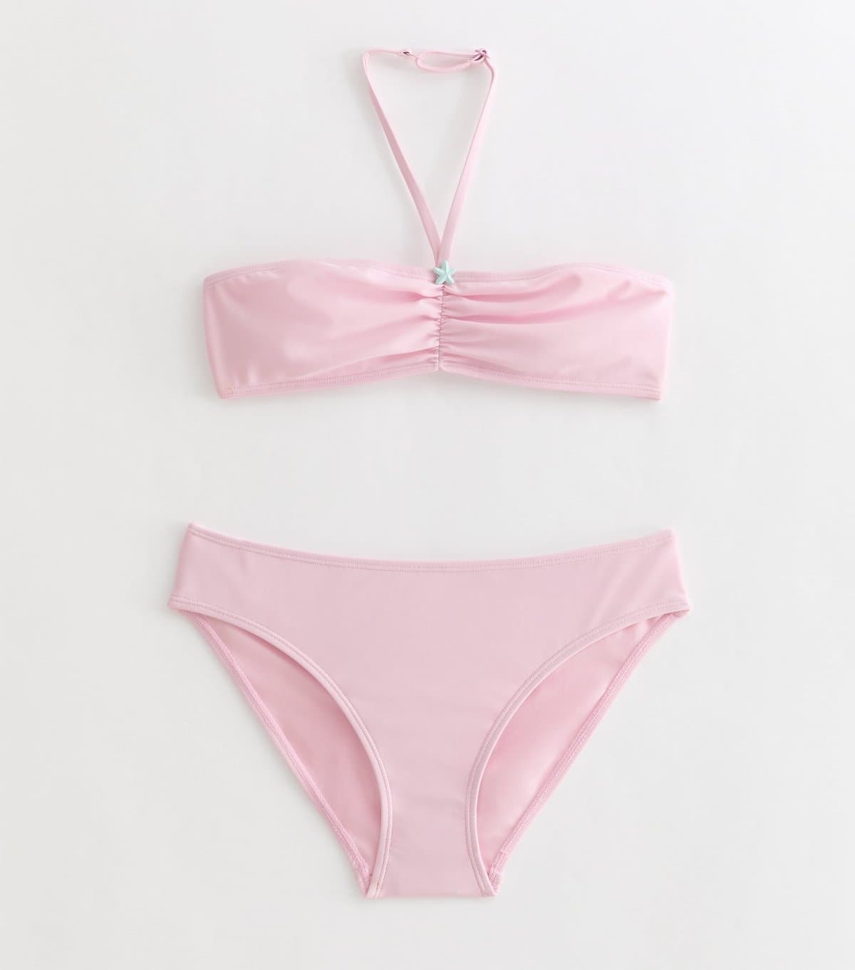 New Look Girls' Light Pink Starfish Trim Bandeau Bikini Top and Bottoms Set New Look