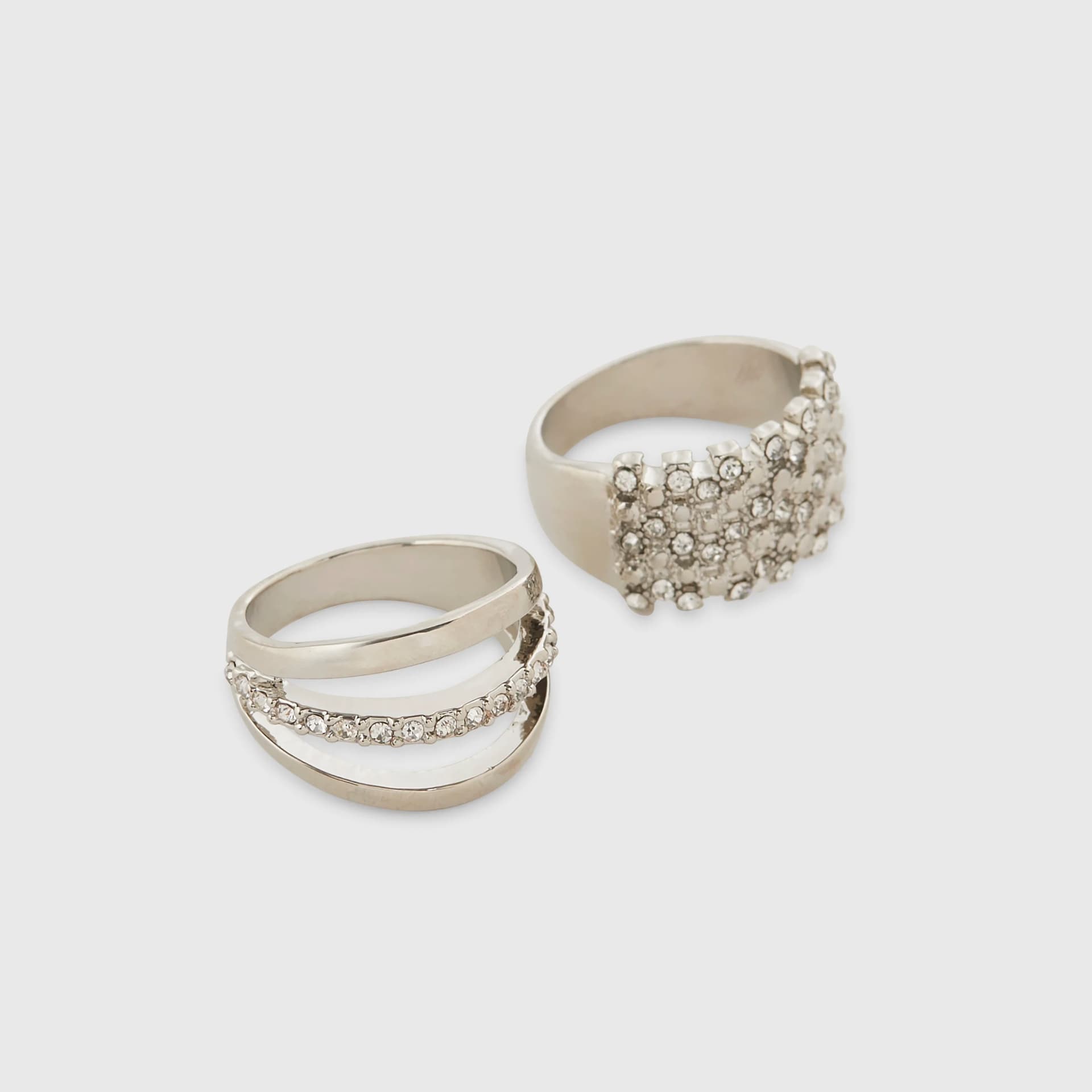 River Island River Island Womens Silver Diamante Ring 2 Pack