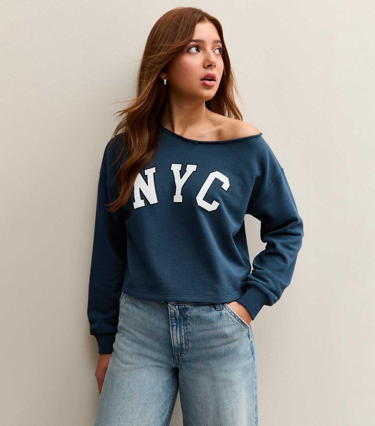 New Look Girls' Navy Navy NYC Off the Shoulder Sweatshirt New Look - 2