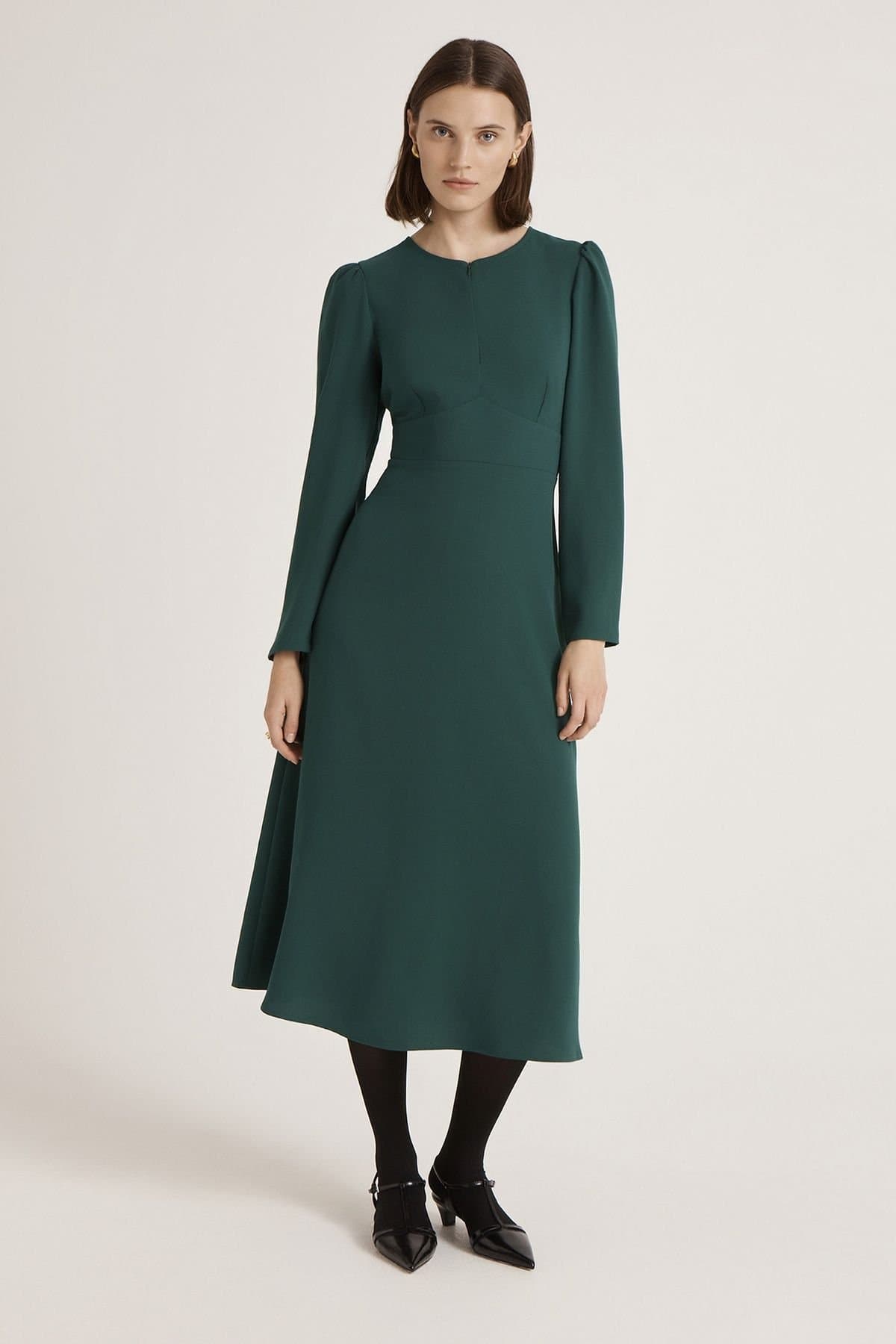 Finery London Finery London Women's Caley Crepe Zip Front Midi Waisted Dress in Bottle Green