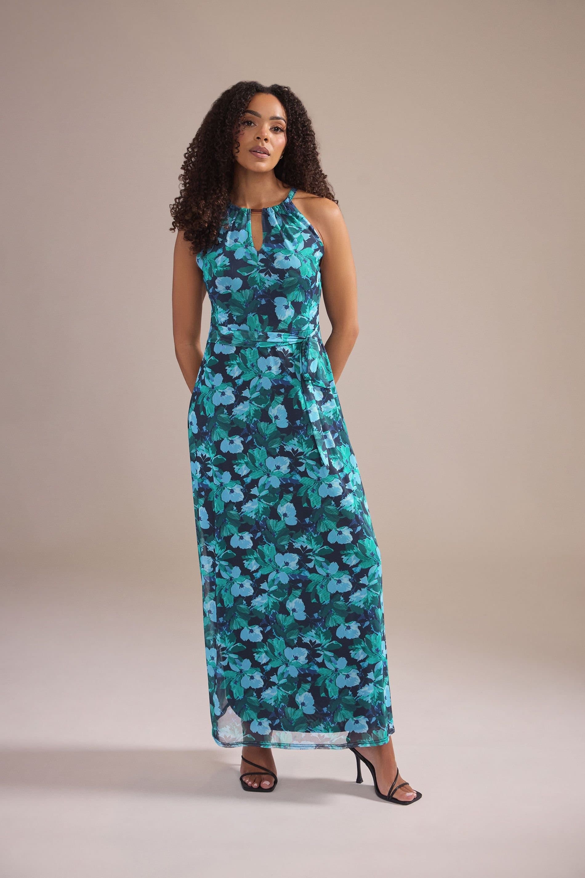M&Co M&Co Women's Floral Halter Neck Mesh Maxi Dress in Dark Navy