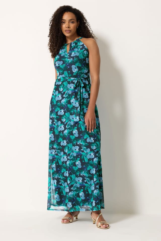M&Co M&Co Women's Floral Halter Neck Mesh Maxi Dress in Dark Navy - 3