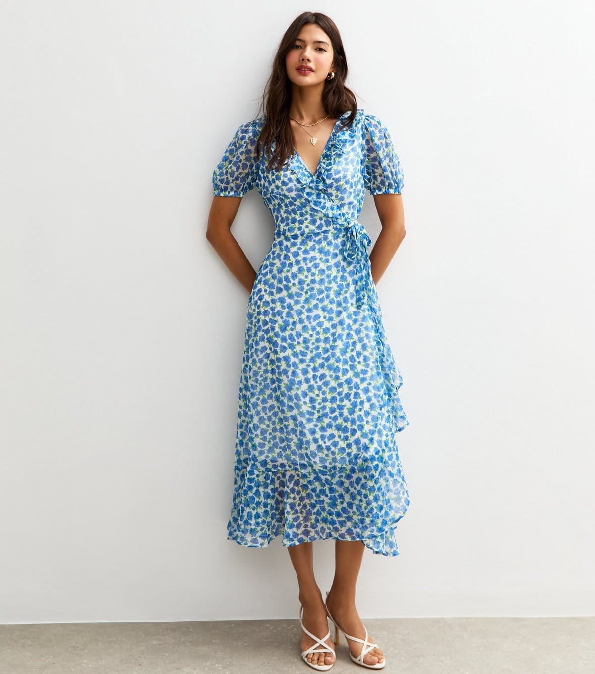 New Look Blue Floral Print Chiffon Wrap Midi Dress
