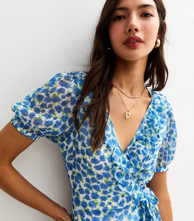 New Look Women's Blue Floral Print Chiffon Wrap Midi Dress New Look - 2