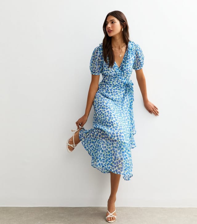 New Look Women's Blue Floral Print Chiffon Wrap Midi Dress New Look - 3