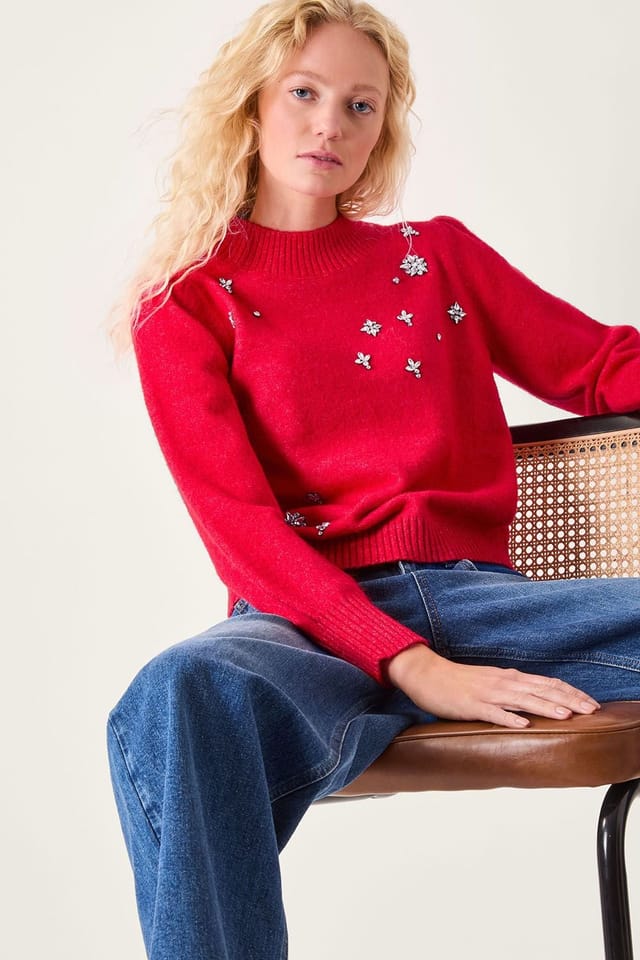 Monsoon Monsoon Women's Erika Gemstone Embellished Jumper Red - 3