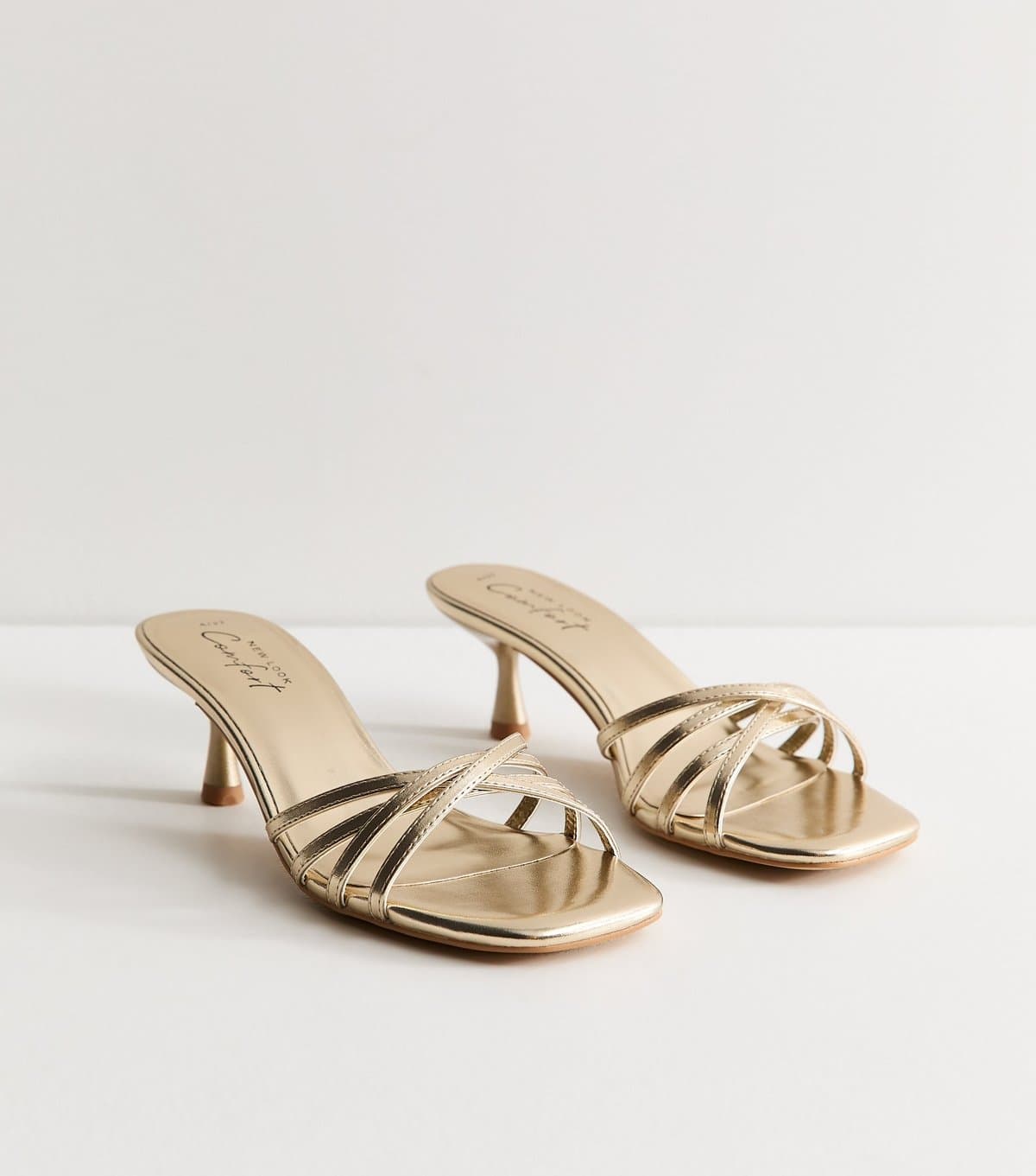 New Look Women's Gold Faux Leather Strappy Kitten Heel Mules Vegan New Look