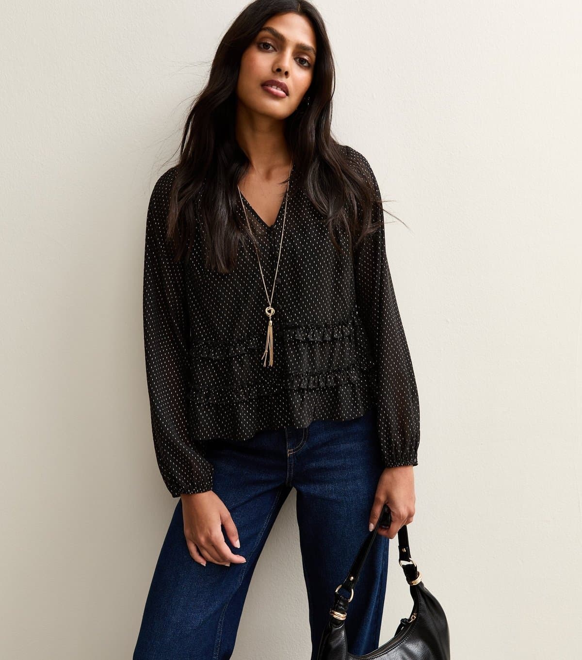 New Look Women's Black Gold Pattern Long Sleeve Blouse New Look