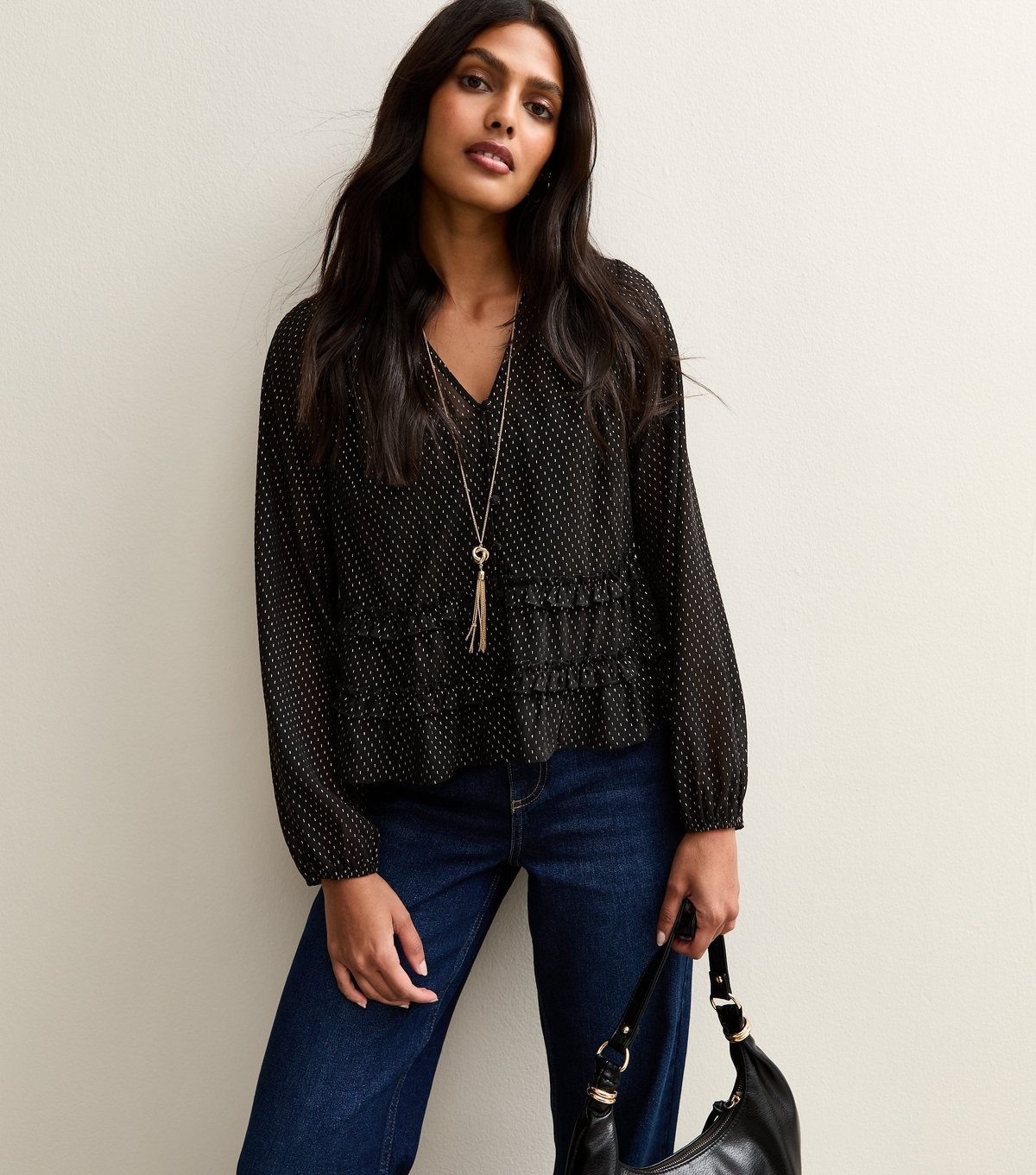 New Look Women's Black Gold Pattern Long Sleeve Blouse New Look - 2