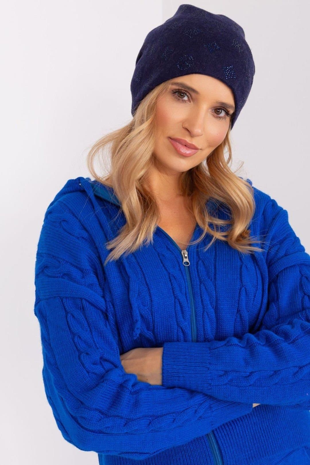 Love Lace Love Lace Navy Cashmere Beanie Hat with Rhinestone Trim
