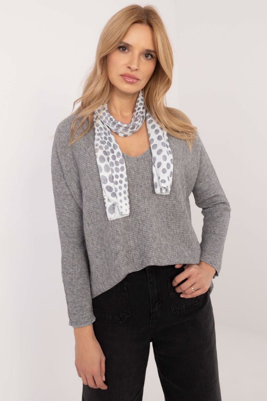 Love Lace Love Lace Women's Shimmer Thread V Neck Sweater with Scarf in Grey