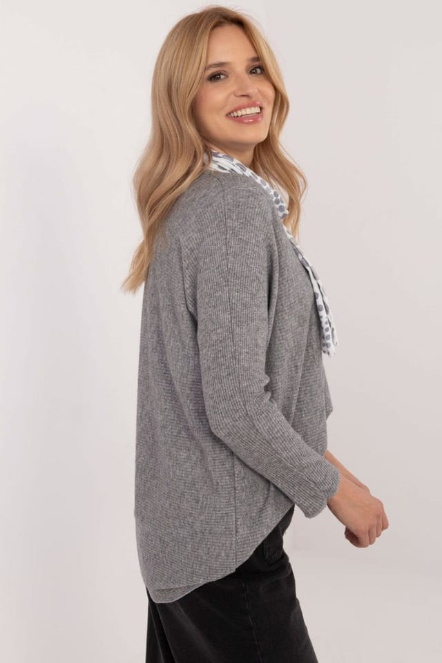 Love Lace Love Lace Women's Shimmer Thread V Neck Sweater with Scarf in Grey - 2