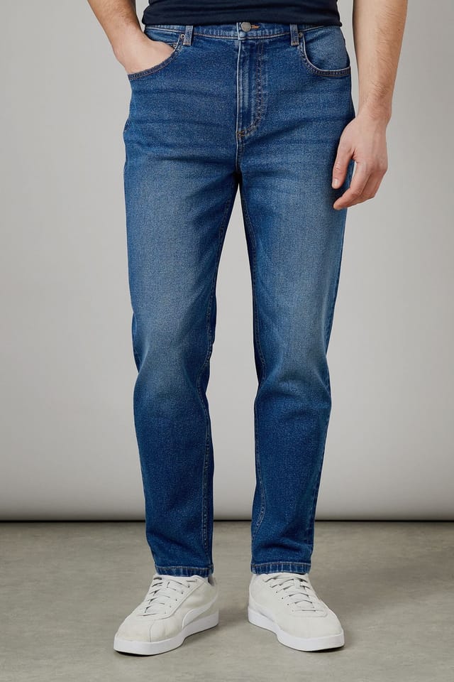 Burton Burton Men's Mid Wash Stretch Tapered Fit Jeans in Mid Blue - 2