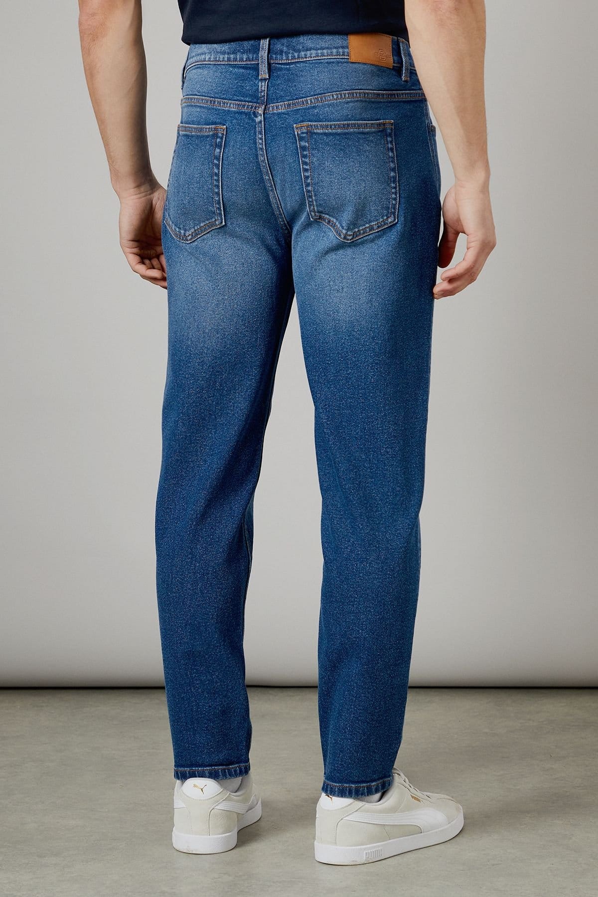 Burton Burton Men's Mid Wash Stretch Tapered Fit Jeans in Mid Blue - 4