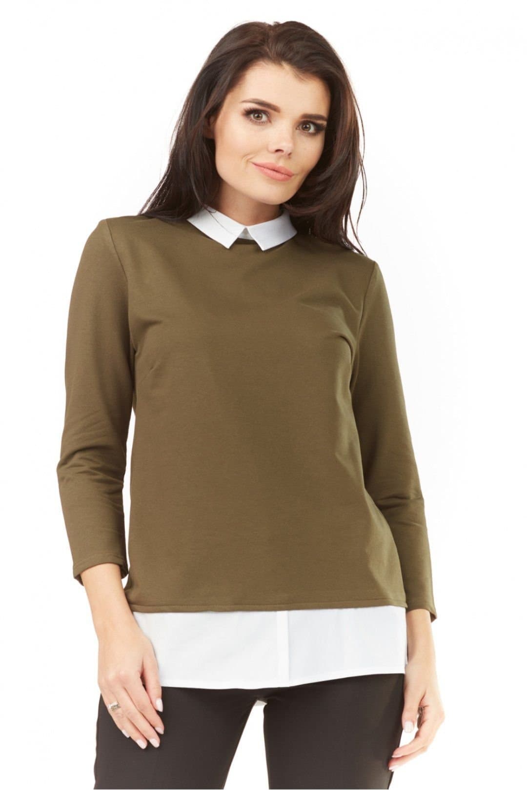 Love Lace Love Lace Women's Knit Blouse with White Trim Collar in Olive