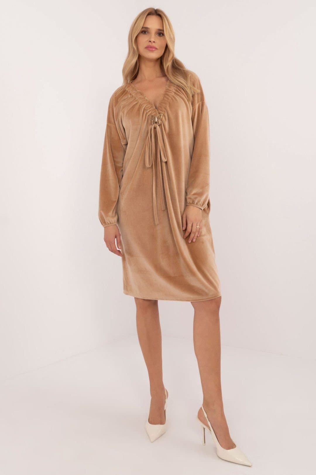 Love Lace Love Lace Women's Velour Everyday Dress with Heart Neckline in Brown