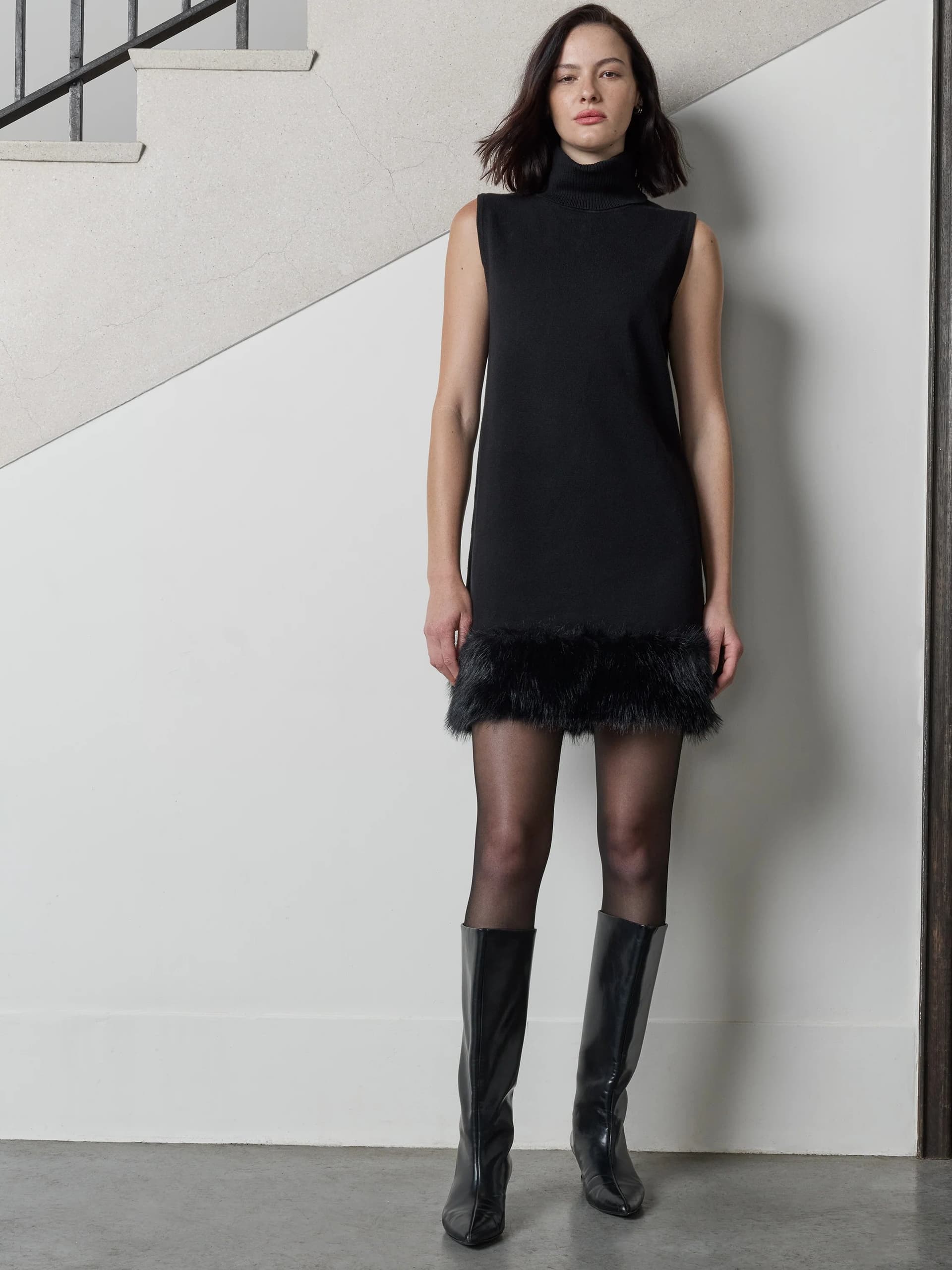 French Connection Moana Black Faux Fur Hem Sleeveless Knit Mini Dress Black