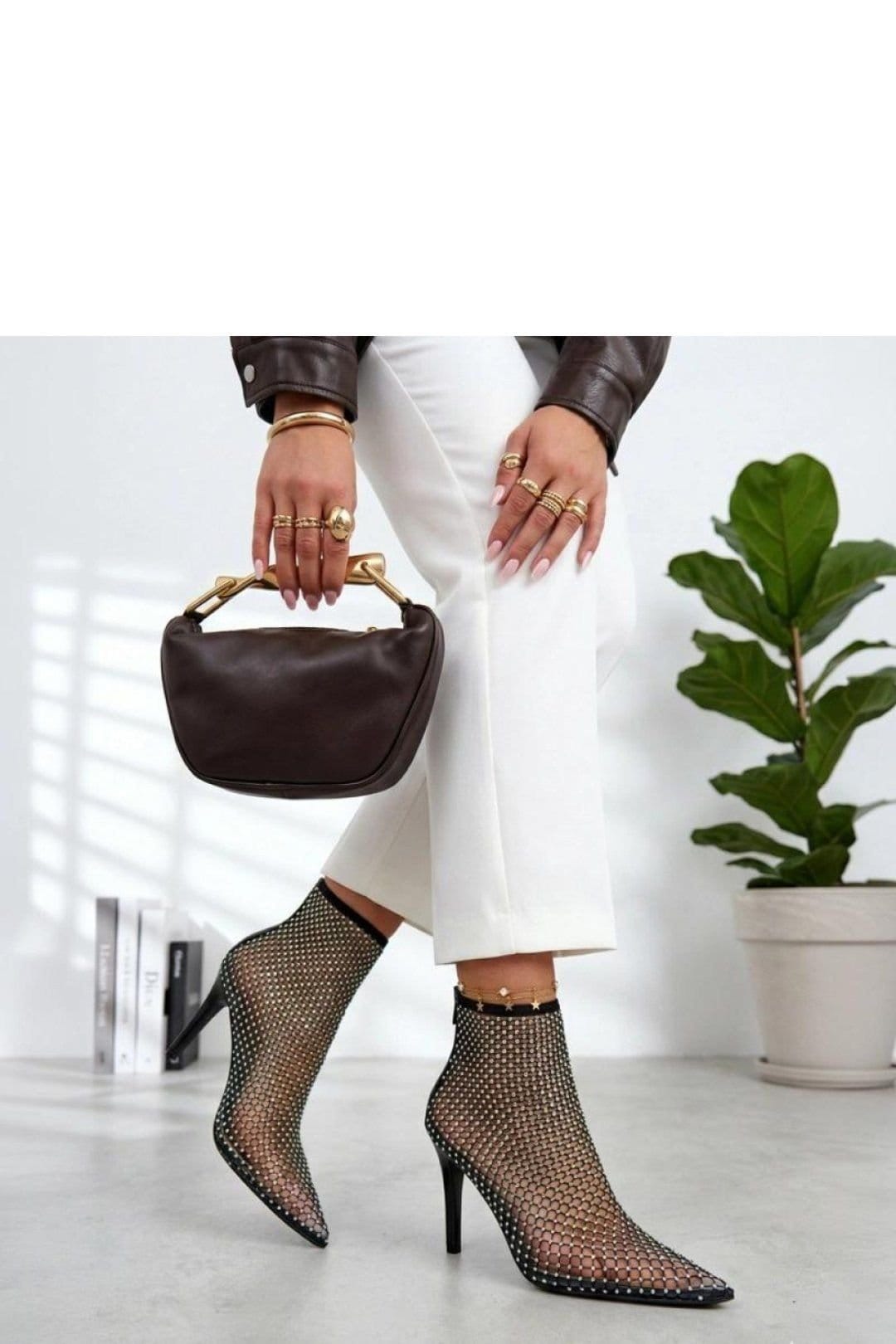 Love Lace Love Lace Women's Mesh Ankle Boots Pointed Toe Back Zip Heel with Zircons in Black - 1