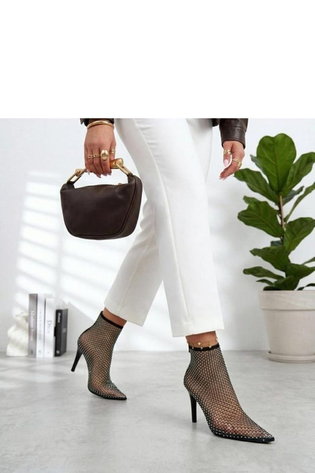 Love Lace Love Lace Women's Mesh Ankle Boots Pointed Toe Back Zip Heel with Zircons in Black - 2
