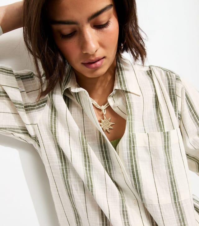 New Look Women's Green Cotton Striped Oversize Shirt New Look - 2