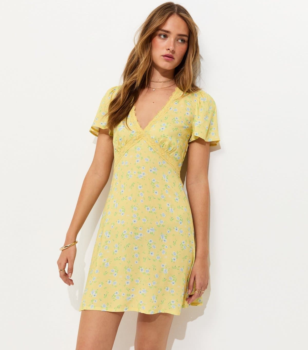New Look Women's Light Yellow Ditsy Lace V Neck Mini Dress New Look