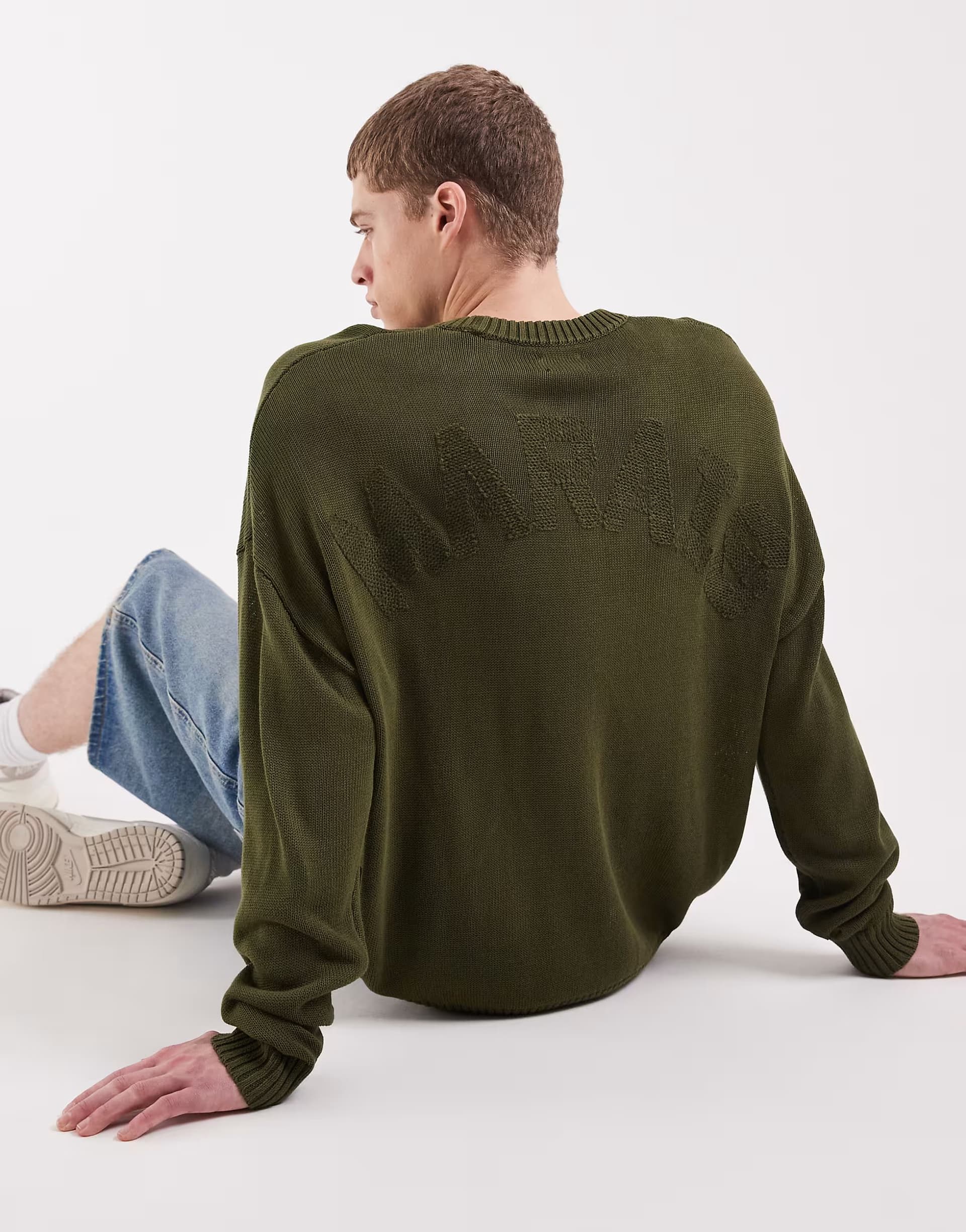 ASOS ASOS DESIGN oversized knitted crew neck jumper with Marais back embroidery in khaki