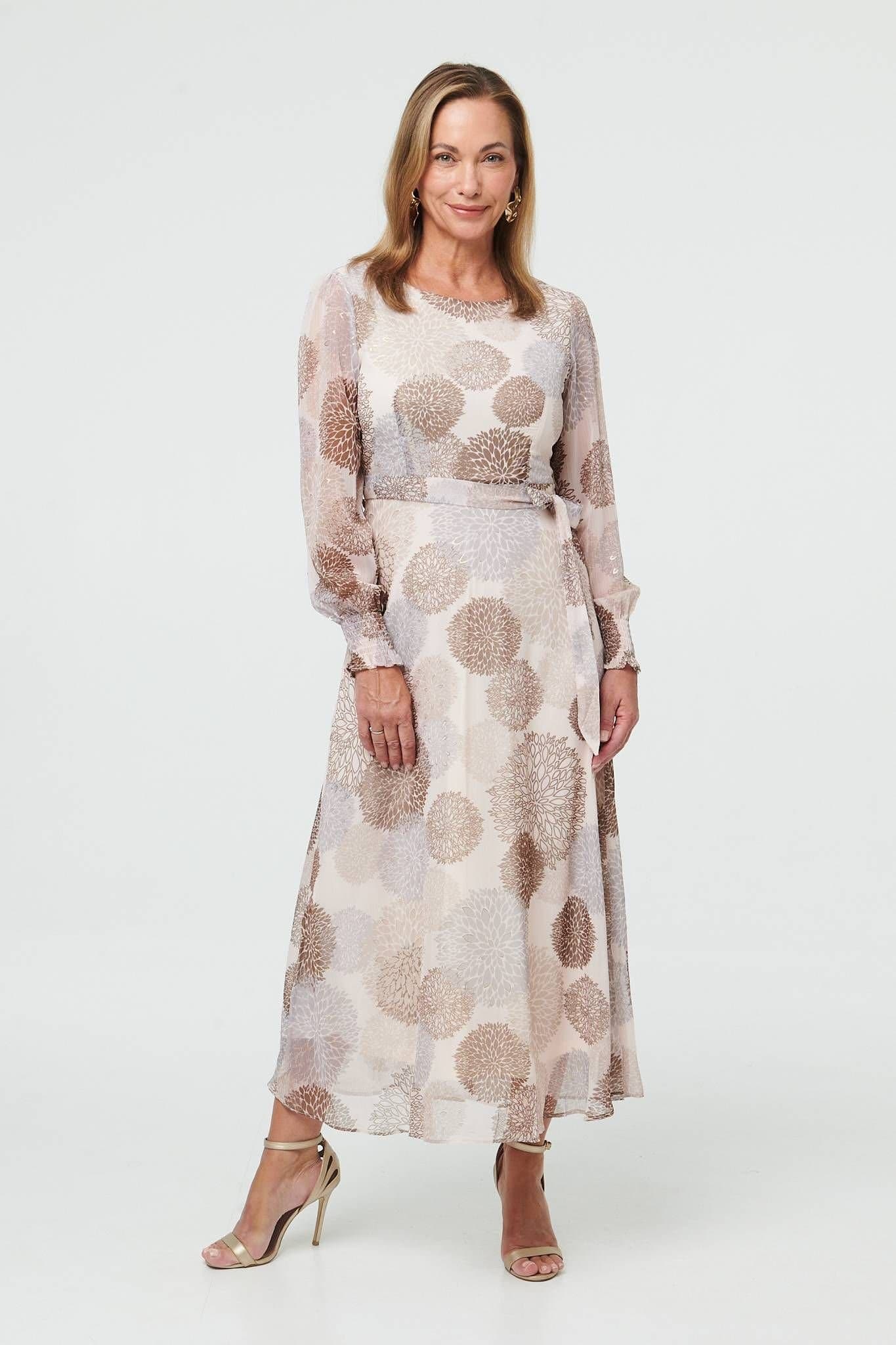 Izabel London Izabel London Women's Printed Long Sleeve Layered Midi Dress in Beige