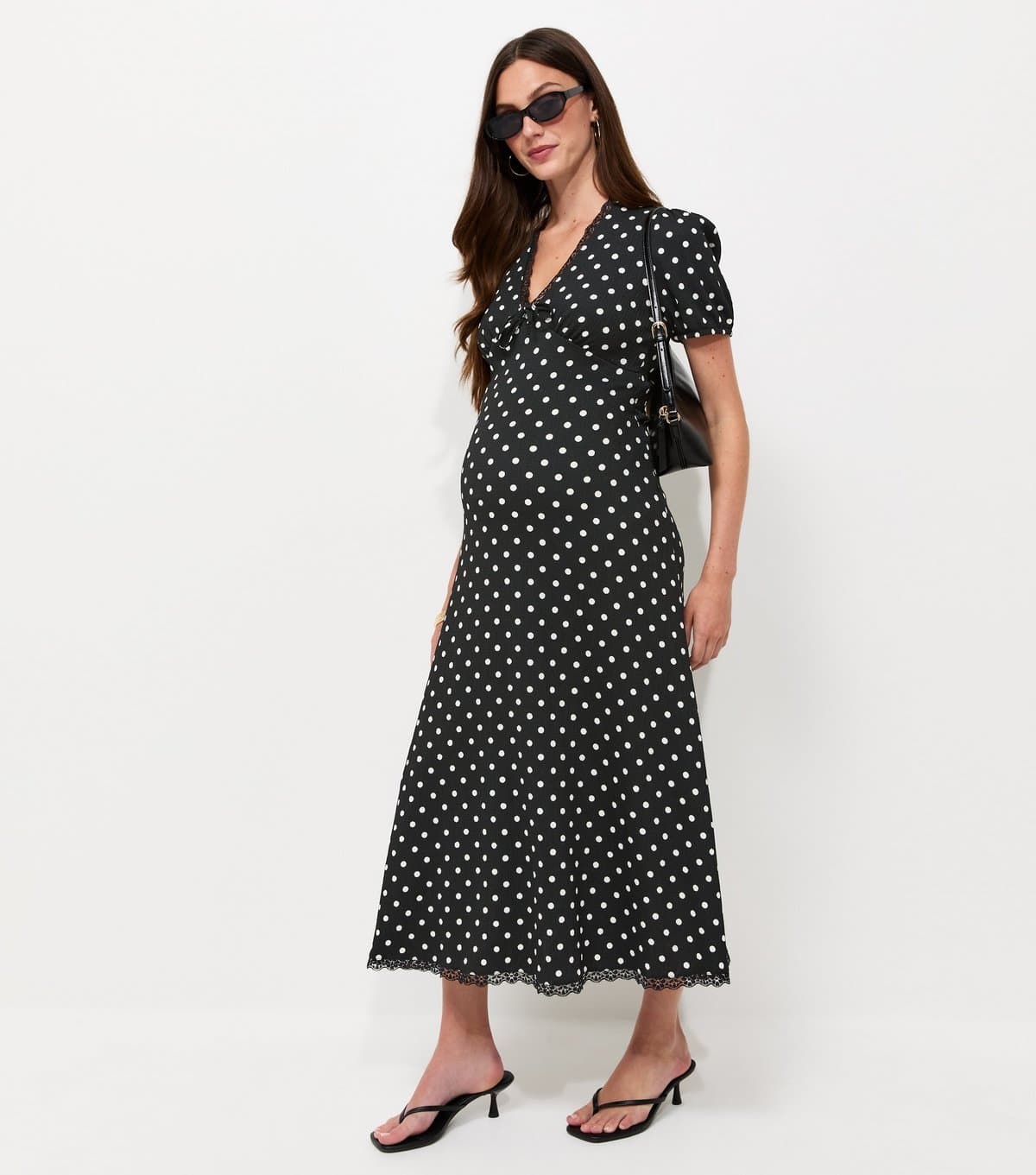 New Look Women's Maternity Black Spot Print Lace Trim Midi Dress New Look