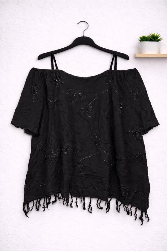 Alternative Black Beaded Off Shoulder Tunic Top UK 26 Boho Goth Alt Festival Grunge Look - 1