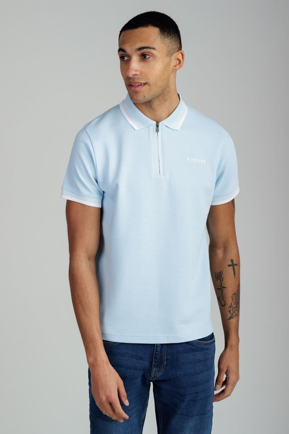 Firetrap Firetrap Men's Regular Fit Cotton Ottoman Zip Polo in Light Blue