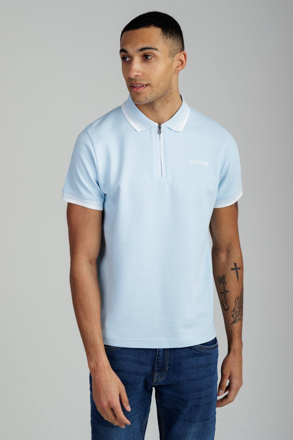 Firetrap Firetrap Men's Regular Fit Cotton Ottoman Zip Polo in Light Blue - 2