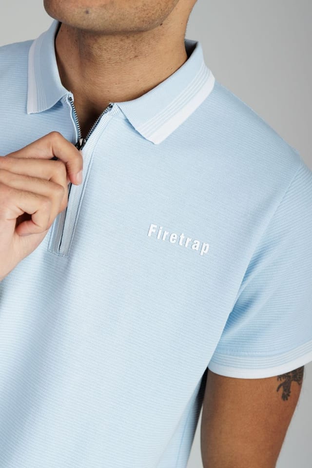 Firetrap Firetrap Men's Regular Fit Cotton Ottoman Zip Polo in Light Blue - 3