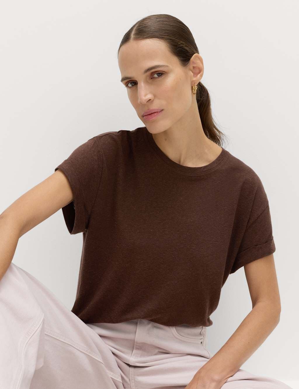 Marks & Spencer M&S Dark Chocolate Linen Blend Crew Neck T-Shirt